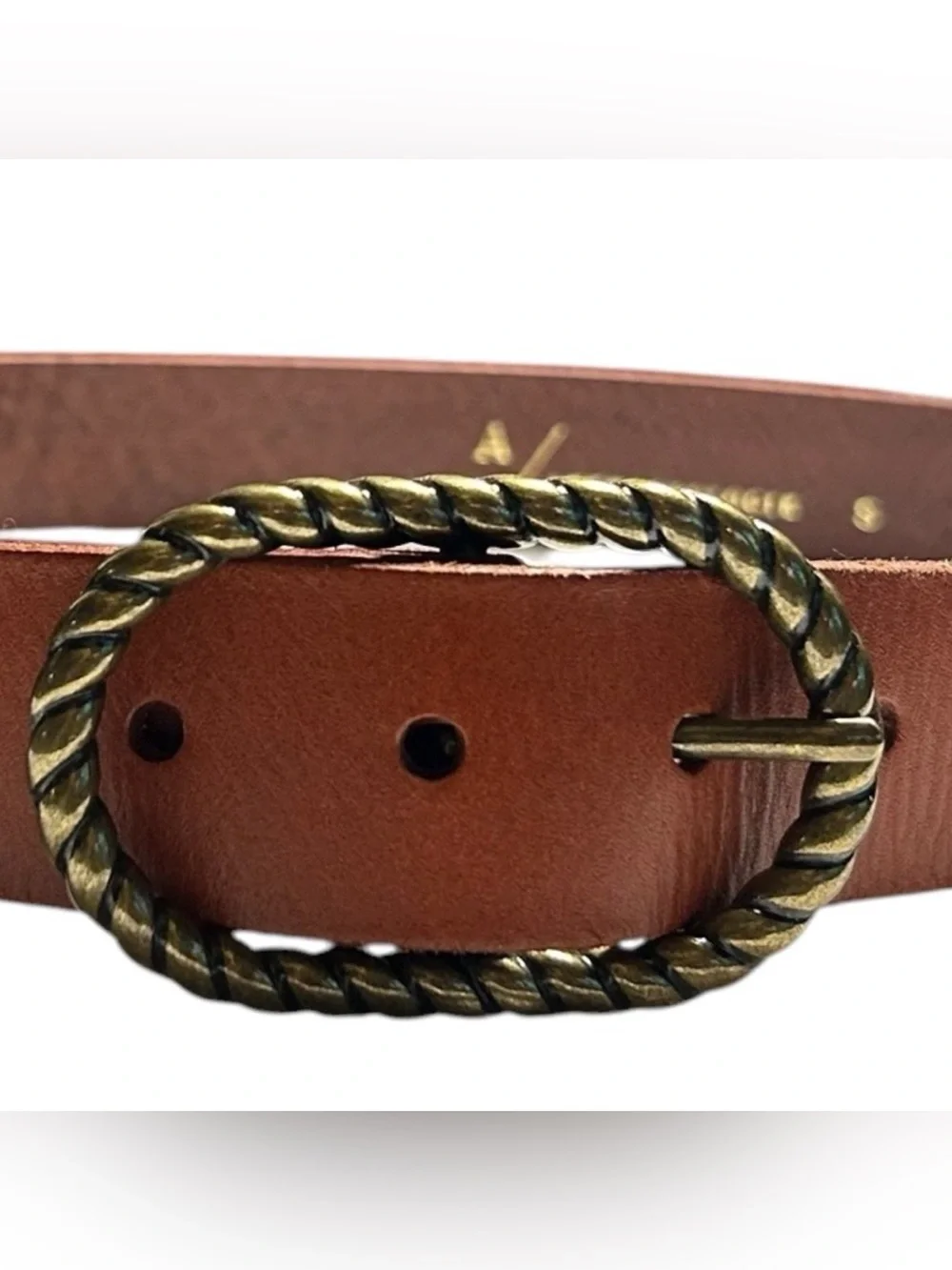 Anthropologie Twisted Rope Oval Leather Belt Cognac Brass Buckle Size S